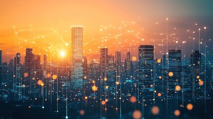 Sunrise over cityscape with network connections.