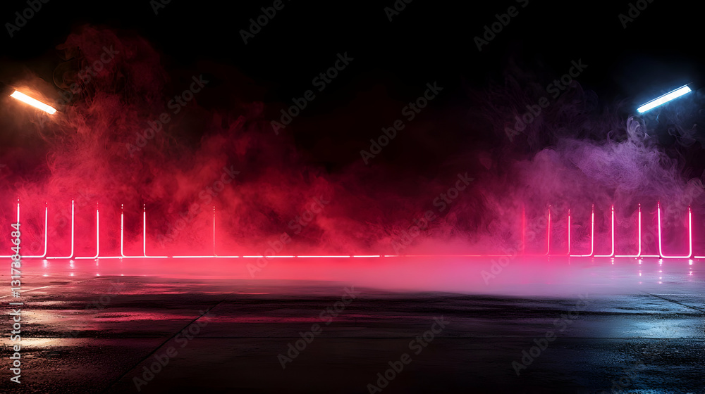 Poster dark empty stage illuminated with vibrant red and blue neon lights with smoke and fog wet floor cybe