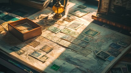 Sunlit table displaying vintage postage stamps on a map.