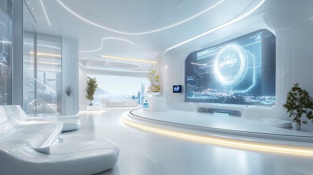 Futuristic Lounge: Modern, minimalist interior design of a futuristic lounge featuring sleek white furniture, curved walls, large screen display showing a technological interface.