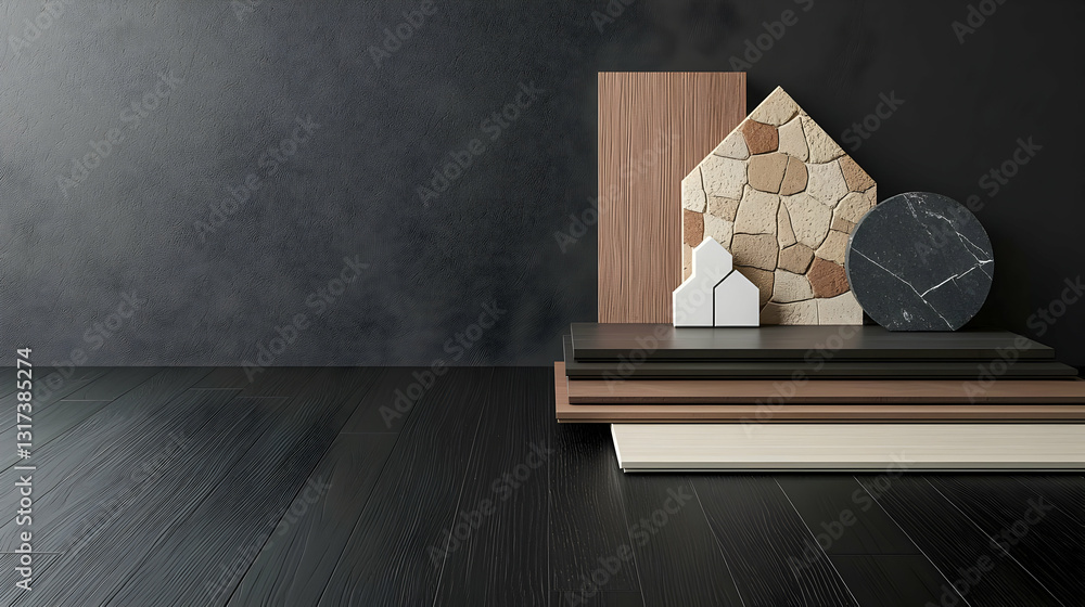 Aufkleber 3d render of abstract architectural composition with wooden and stone blocks on a black background w