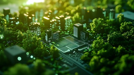 A green landscape with energy-efficient edge devices processing data locally, connected to renewable energy sources, reducing energy consumption 