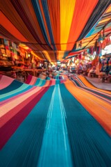 Vibrant stripes of colorful textiles create a stunning visual tunnel.