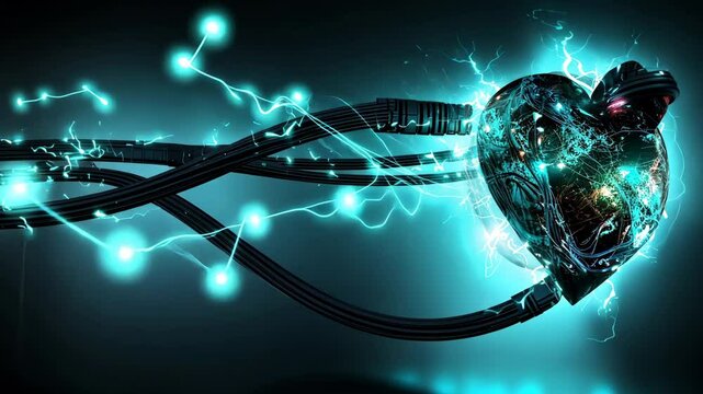 A radiant heart sits on tangled electrical wires, with vibrant currents flowing into it against a dark backdrop, symbolizing love and energy interwoven in a powerful visual.