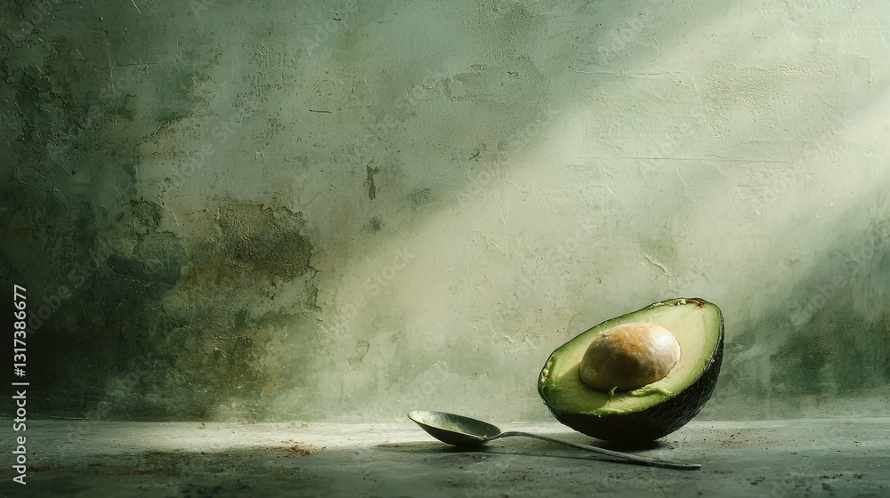 Poster halved avocado with pit and spoon on rustic surface in sunlight.