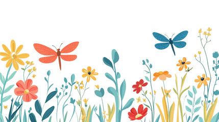 Fototapeta premium Floral Meadow with Butterflies – Colorful Spring Illustration Isolated on Transparent Background