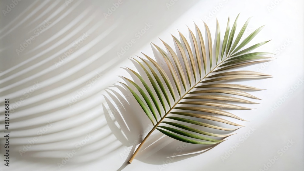 Poster a single palm frond with contrasting green and brown hues casts an intricate shadow pattern on a whi