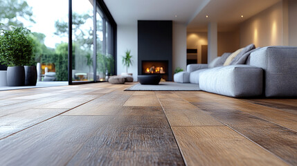 A modern living room with a focus on rich, textured brown wood flooring. The perspective highlights the depth and grain of the planks, selective focus.