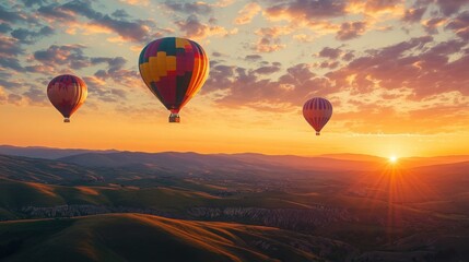 Obraz premium A collection of colorful hot air balloons floats above rolling hills, silhouetted against a stunning sunset