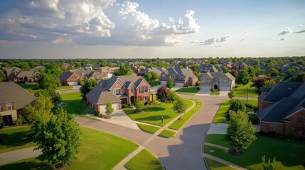 Suburban houses with manicured lawns under a bright sky with clouds