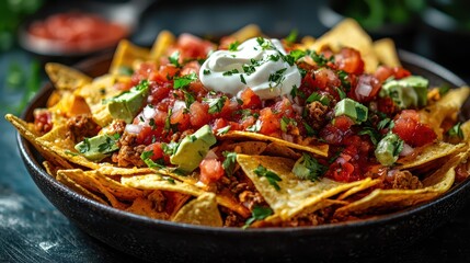 Nachos sour cream Mexican concept. A vibrant plate of nachos topped with salsa, guacamole, and sour cream, showcasing a delicious, colorful meal.