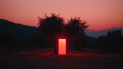 Fototapeta premium Red Door in Olive Grove at Sunset