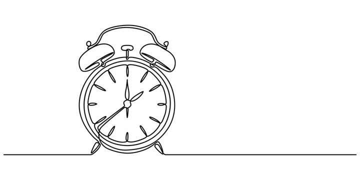 Alarm clock in continuous one line drawing. Single line art draw of vintage alarm clock. Editable vector, Alarm Clock Continuous Line Drawing with Editable Stroke, Stopwatch Continuous Line Icon, pro.