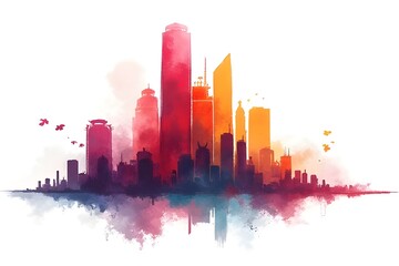 Obraz premium Vibrant Watercolor Cityscape Silhouette Art