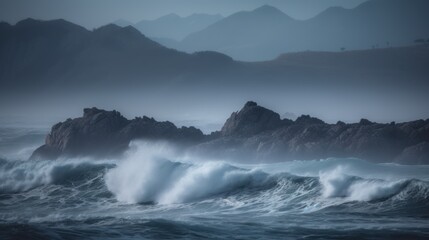 Obraz premium Ocean Waves Crashing Against Rocky Coastline with Misty Mountains in Background
