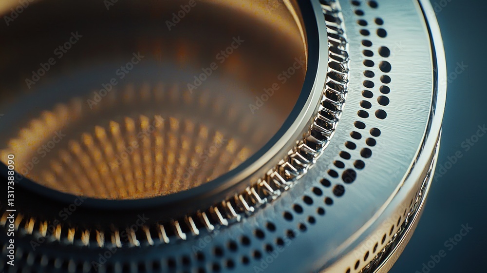 Poster close-up of a metallic circular object with intricate details and warm inner glow.