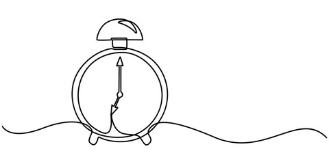 Alarm clock in continuous one line drawing. Single line art draw of vintage alarm clock. Editable vector, Alarm Clock Continuous Line Drawing with Editable Stroke, Stopwatch Continuous Line Icon, pro.
