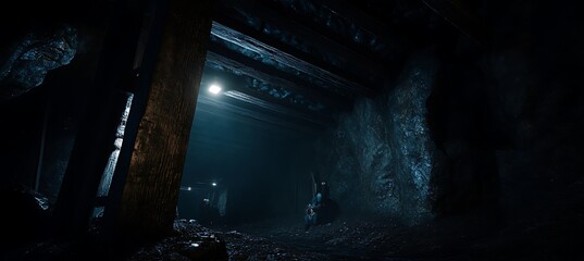 Obraz premium Dark Underground Coal Mine with Hanging Lamps, a Long Tunnel, and a Mysterious Path Leading Forward