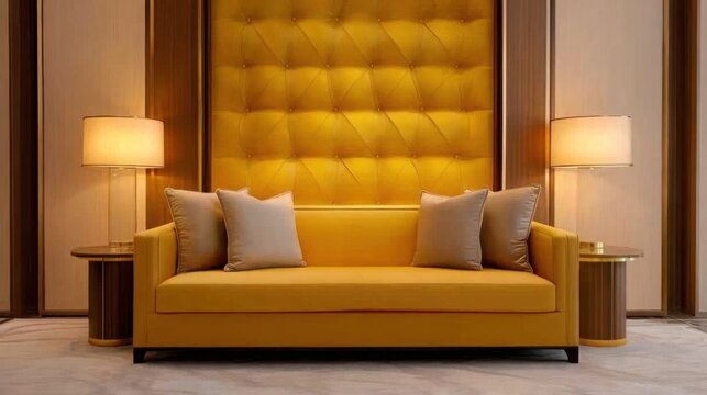 A cozy yet glamorous apartment lounge with golden dÃ©cor, soft lighting, and plush seating, inviting 