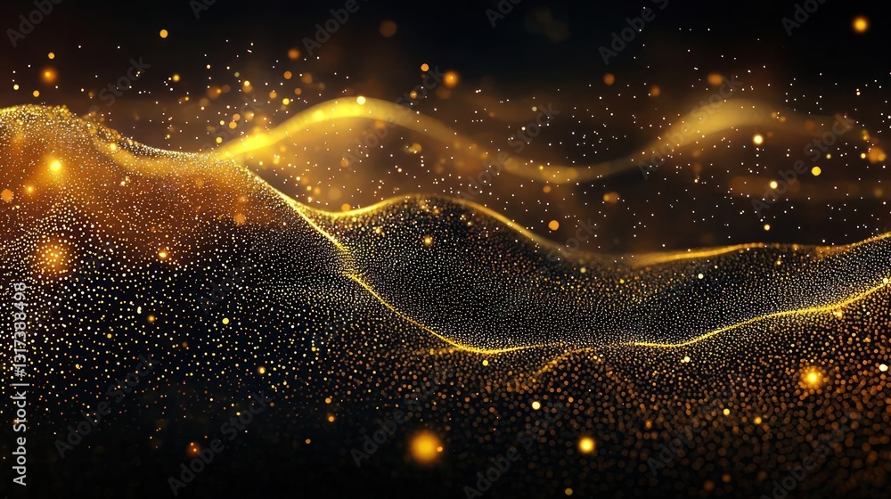 Poster abstract golden particle wave on dark background with glittering bokeh effect