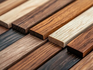 A close-up view of various wooden planks showcasing different colors and textures, highlighting the natural beauty of wood grains.