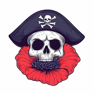 Pirate Skull Design with Poppy Flower and Classic Hat Illustration