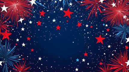 Festive red white and blue fireworks with stars for independence day celebration designs