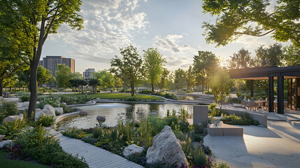 Serene city park sunset; pond, pathways, modern pavilion; tranquil urban oasis; ideal for travel/lifestyle brochures