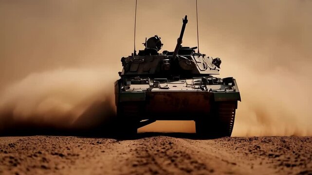 Military tank driving fast on dirt road in desert with dust cloud, cinematic and dynamic