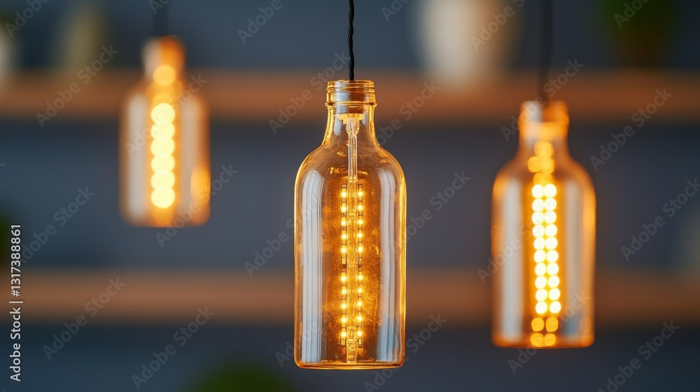 Poster stylish illuminated bottles hang as decorative lighting, creating a warm and inviting atmosphere in 