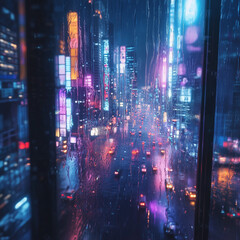 Fototapeta premium A futuristic cityscape at night, viewed through a rain-covered window with blurred neon reflections
