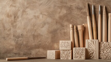 A collection of carved wooden stamps and tools arranged neatly against a textured background, showcasing craftsmanship and artistry.