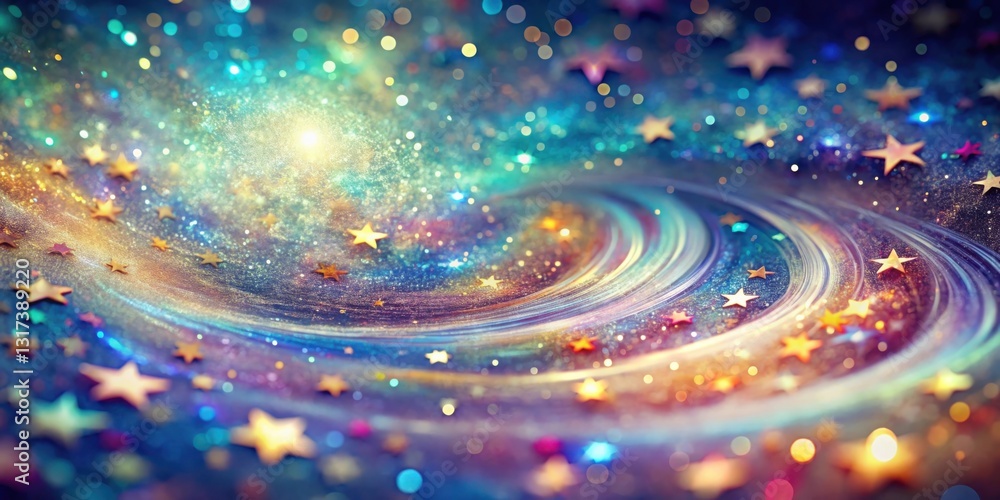 Poster a swirling vortex of light and glitter, resembling a cosmic galaxy, adorned with twinkling stars and