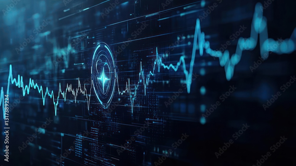 Poster abstract digital data visualization of financial charts and technical analysis in blue light