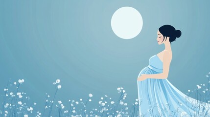 Tranquil expecting mother under moonlit sky in serene floral field