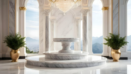 Elegant Marble Hall with Golden Accents and Scenic Background