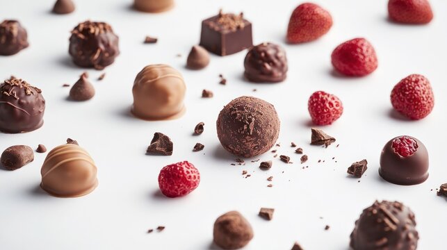 Assorted chocolate truffles and fresh berries, scattered on white background