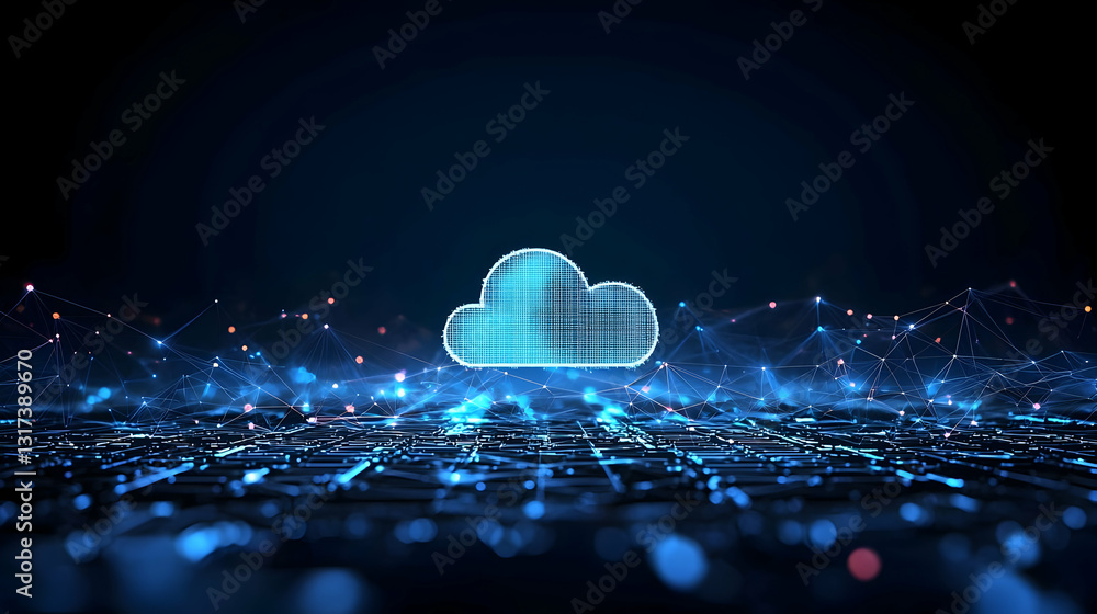 Poster pixelated blue cloud icon above futuristic glowing blue network grid on dark background representing