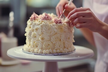 A person cutting a slice of cake with a knife, a moment of celebration and joy