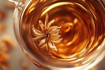Closeup of a glass cup of amber tea with a dried flower blooming inside