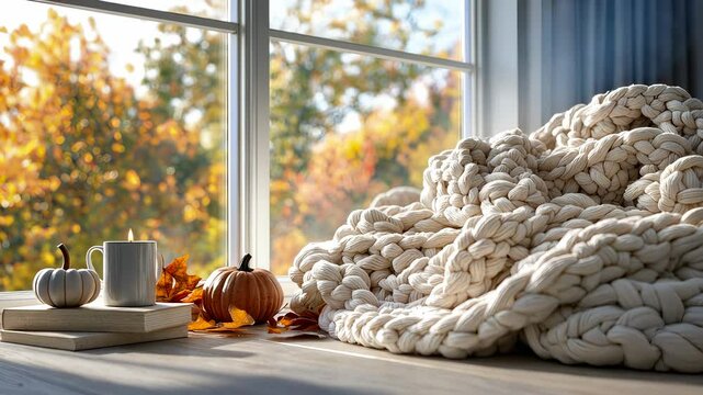 A cozy fall scene featuring an oversized white knit blanket, surrounded by autumn decorations like pumpkins and leaves cozy atmosphere thanksgiving background video 4k