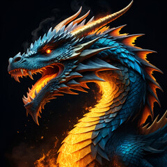 Majestic dragon with fiery breath and glowing embers, perfect for fantasy art lovers, illustration of fantasy character concept.