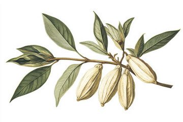 Obraz premium Illustration of a branch with elegant green leaves and creamy seed pods, showcasing natural beauty and botanical detail.