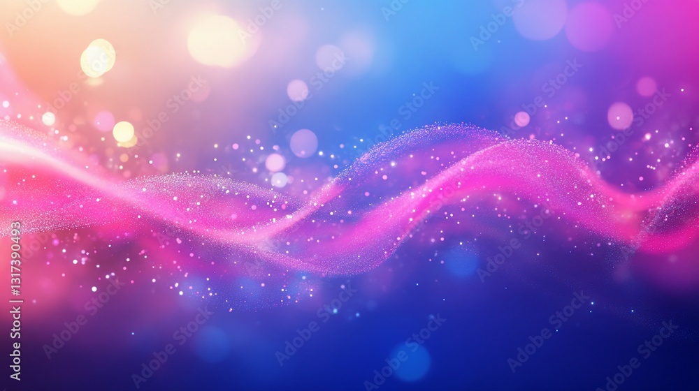 Poster abstract pink and blue wave particle background design with glowing lights and bokeh effect for wall