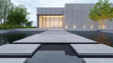 Fototapeta premium A futuristic courtyard design with sleek gray concrete slabs, integrated lighting, glass railings