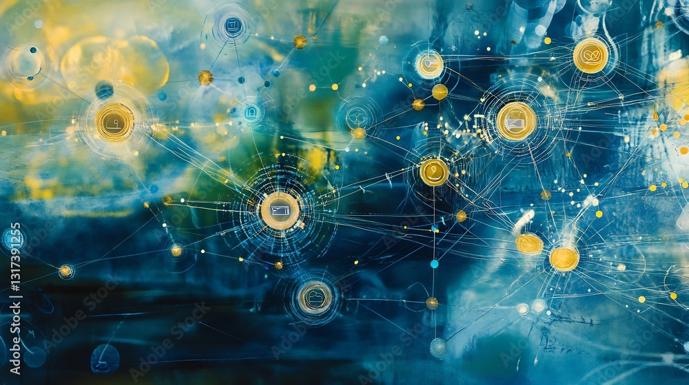 Poster artistic depiction of customer relationship management symbolic node abstract layer representing eng