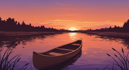 Obraz premium Cartoon Canoe on River Sunset