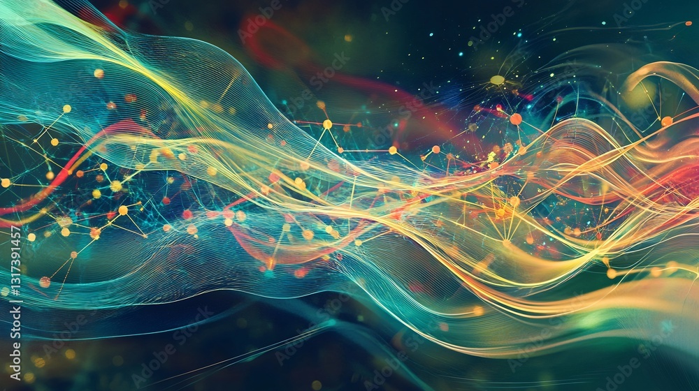 Poster Artistic depiction of ebusiness highlighting interconnected nodes flowing forms digital business platforms