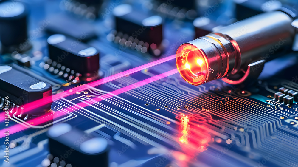 Poster red laser beam emitting from a device onto a blue circuit board with electronic components in a clos