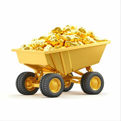 Gold Mining Cart Filled with Shiny Gold Nuggets on White Background